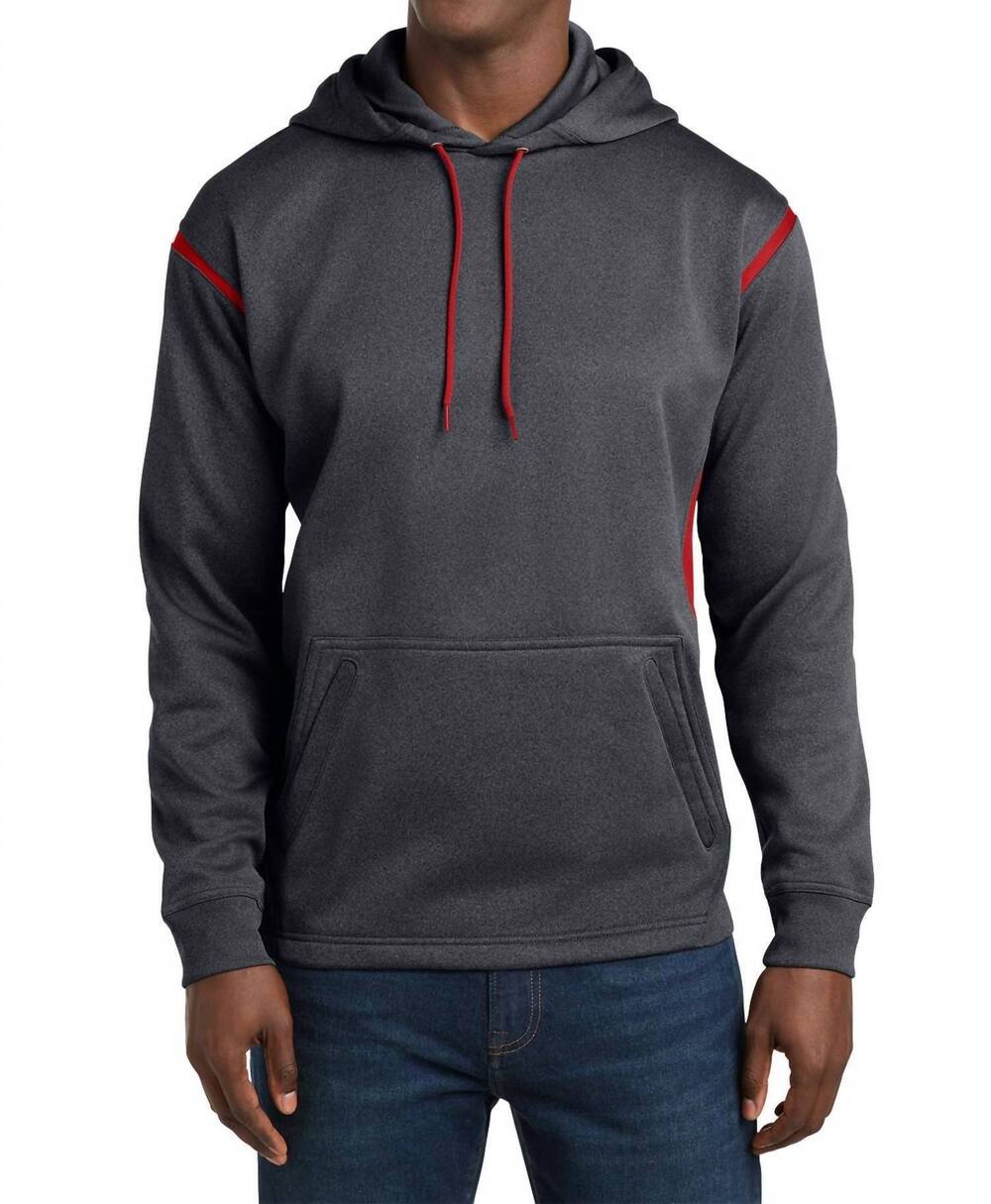 NEW SPORT-TEK tech fleece colorblock hooded sweatshirt in graphite heather/red